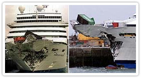 Cruise ship with a heavily damage nose